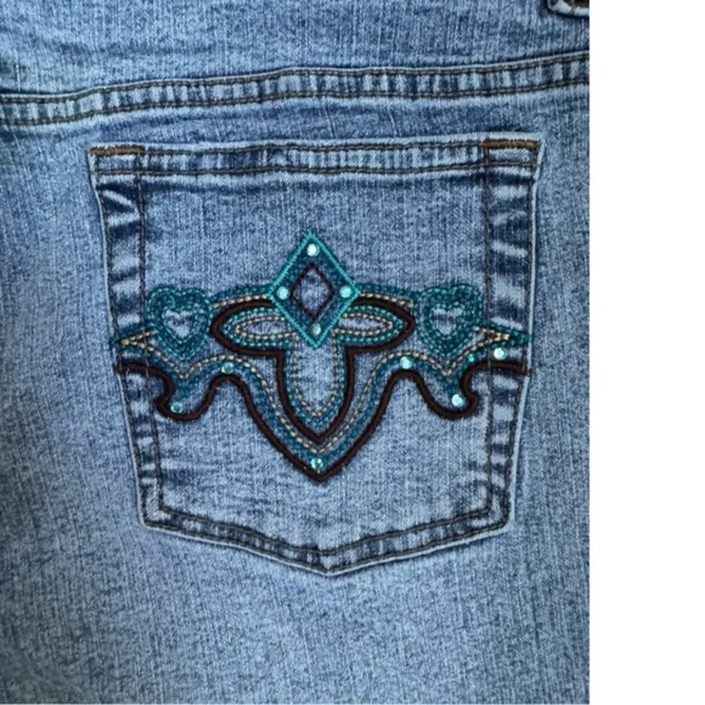 Y2K Embroidered pockets w/Rhinestones mid rise medium wash flare bottoms sz‎ 11